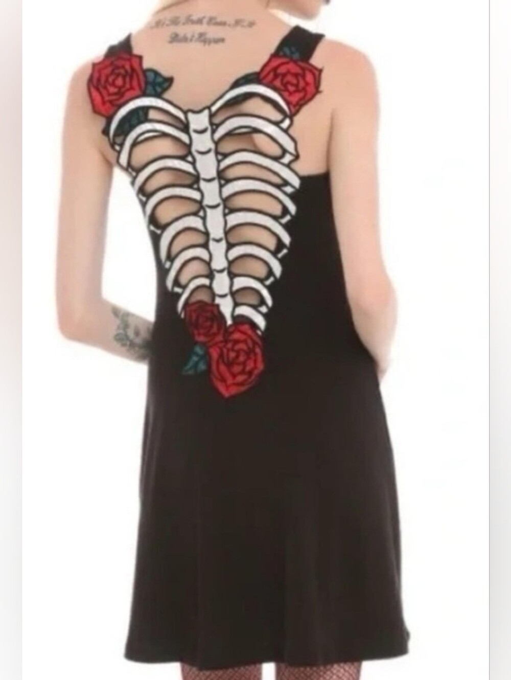 NWT Hell Bunny Black Spine Rose Tank Applique Dress Skeleton Rib Red Rose